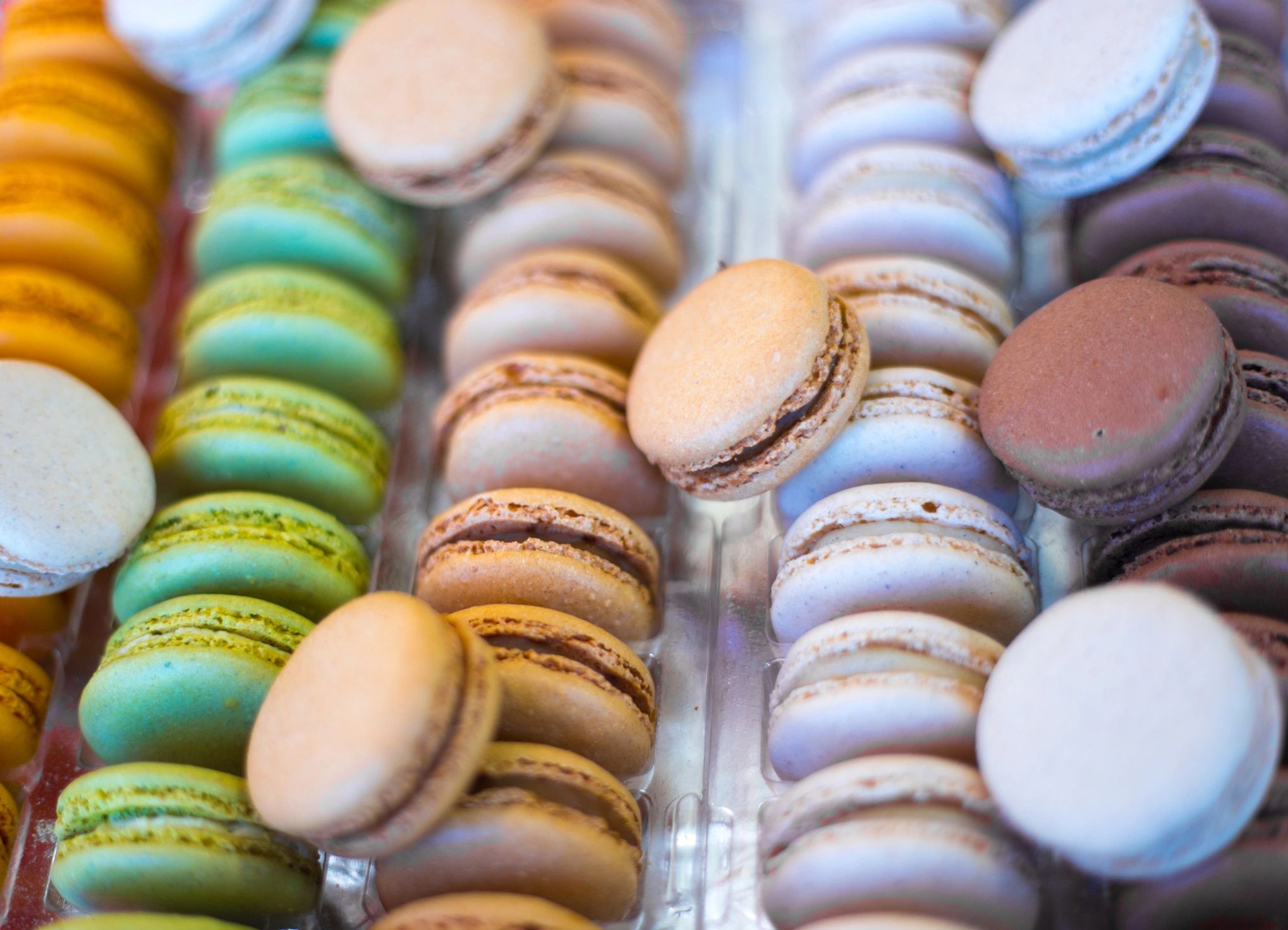 Colorful macarons in a bakery window close-up