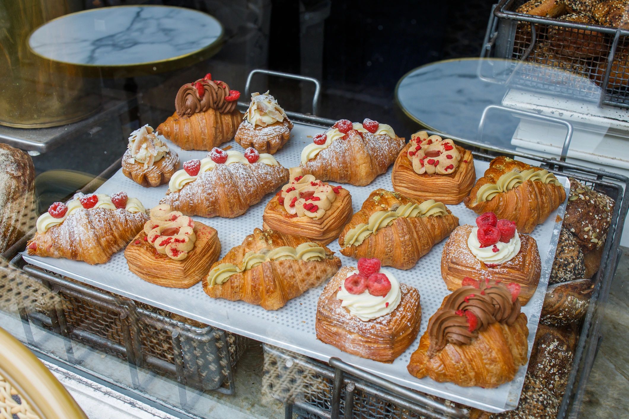 Pastries in a bakery window