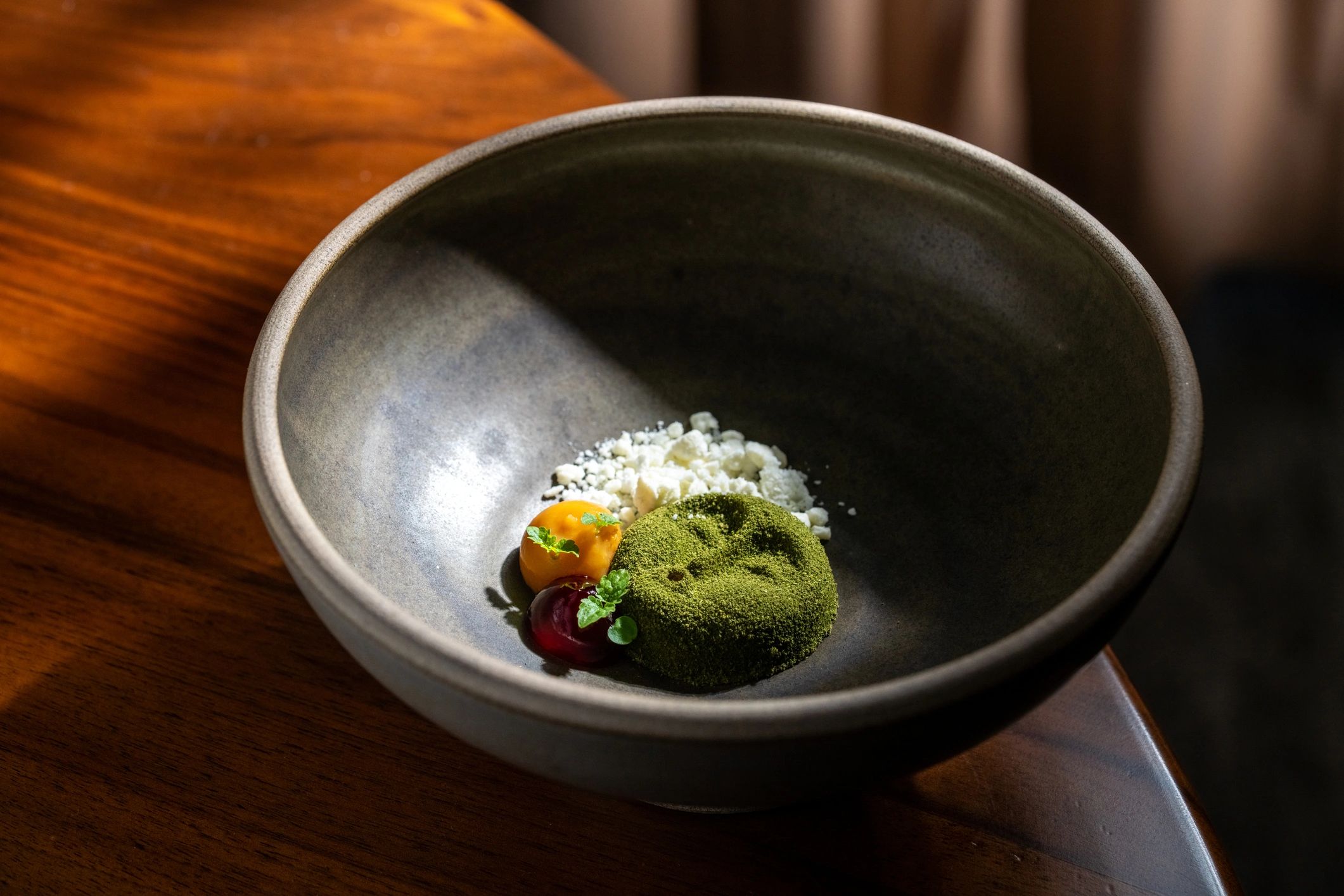 Fine dining matcha dessert plating
